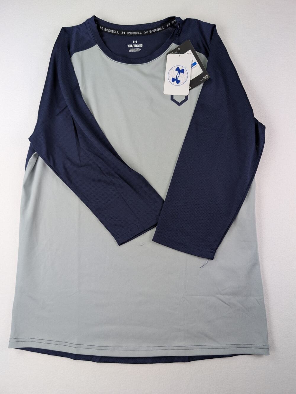 UnderArmour Boys YXL Utility Baseball 3/4 Sleeve Performance Shirt NWT Navy Gray